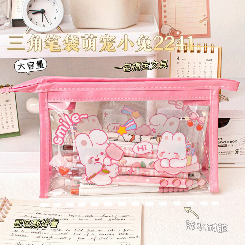 Cute Cartoon Large Capacity Clear Pencil Case, Transparent Triangle PVC Pencil Pouch, Aesthetic Stationery Organizer for School Students