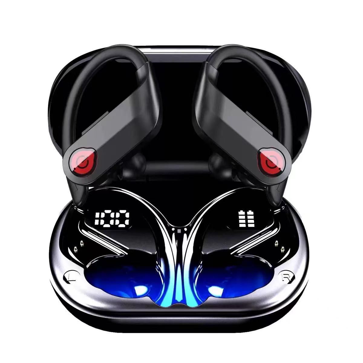 Wireless Ear Hook Running Earbuds, Bluetooth Sports Noise Cancelling Headphones with Dual LED Display, Deep Bass, Built-in Microphone, Long Battery Life