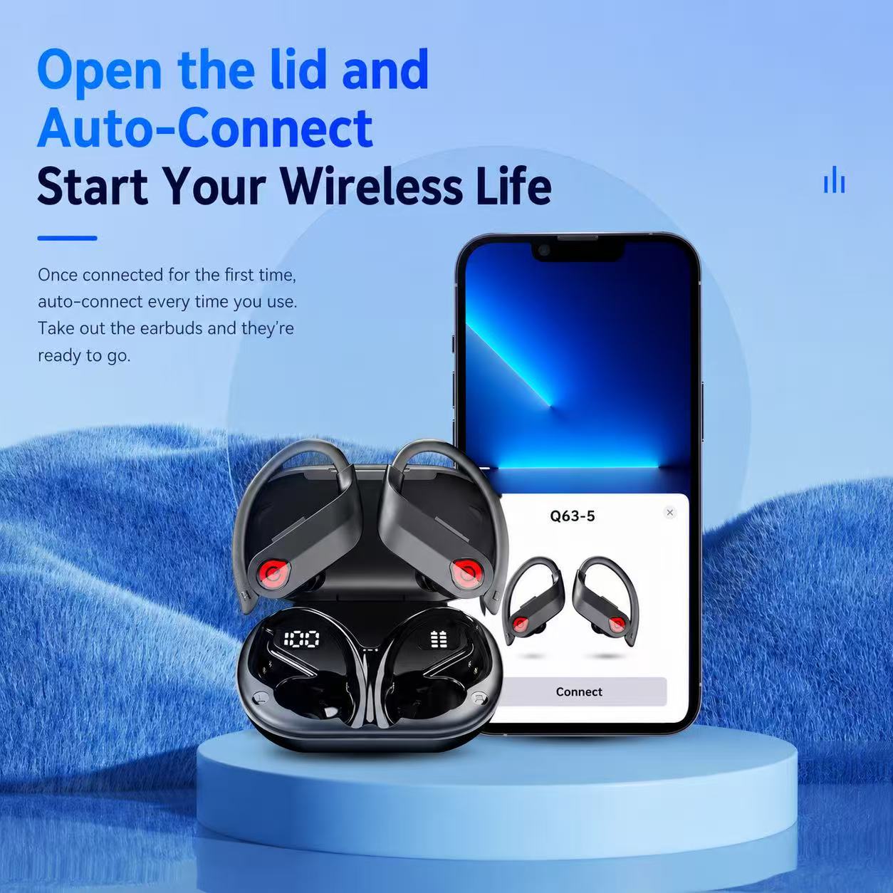 Wireless Ear Hook Running Earbuds, Bluetooth Sports Noise Cancelling Headphones with Dual LED Display, Deep Bass, Built-in Microphone, Long Battery Life