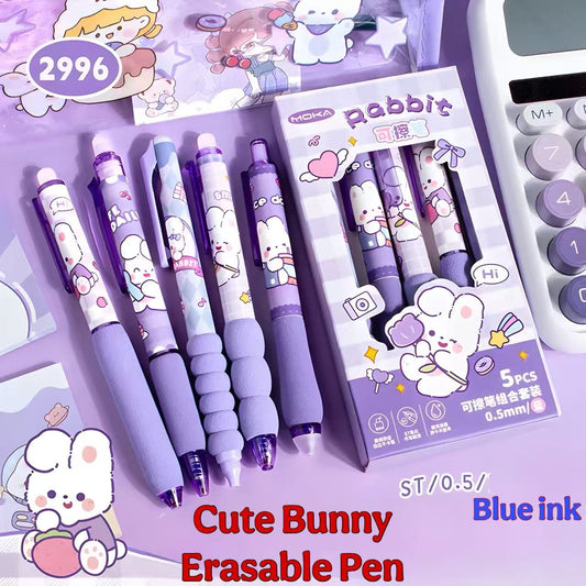 5/Cute Cartoon Soft-Grip Erasable Gel Pen Set, Quick-Drying Black Ink, Comfortable Grip, Color Gift Box, Office & School Supplies, Gift for Students