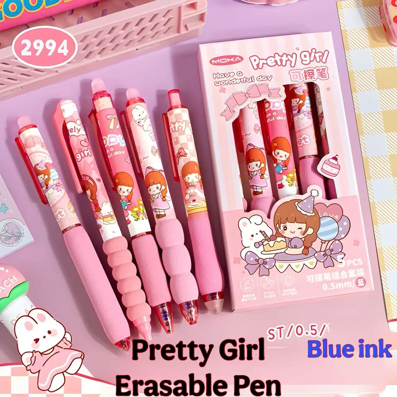 5/Cute Cartoon Soft-Grip Erasable Gel Pen Set, Quick-Drying Black Ink, Comfortable Grip, Color Gift Box, Office & School Supplies, Gift for Students