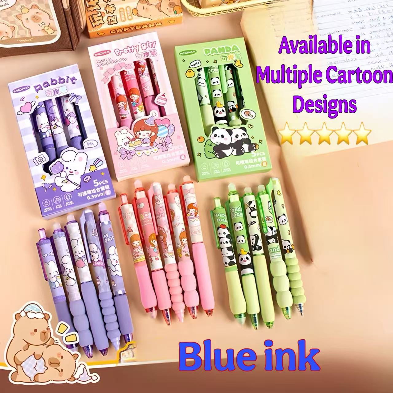5/Cute Cartoon Soft-Grip Erasable Gel Pen Set, Quick-Drying Black Ink, Comfortable Grip, Color Gift Box, Office & School Supplies, Gift for Students