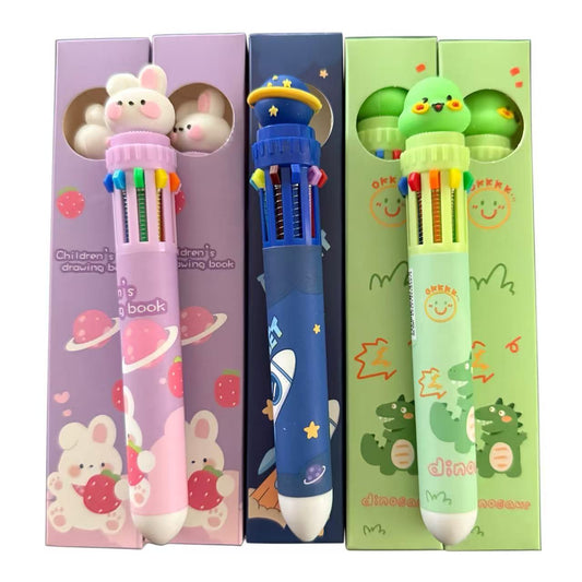 Cartoon 10-color ballpoint pen, retractable and portable multi-color ballpoint pen, for school and office use, suitable for office supplies, gifts, and back-to-school season.