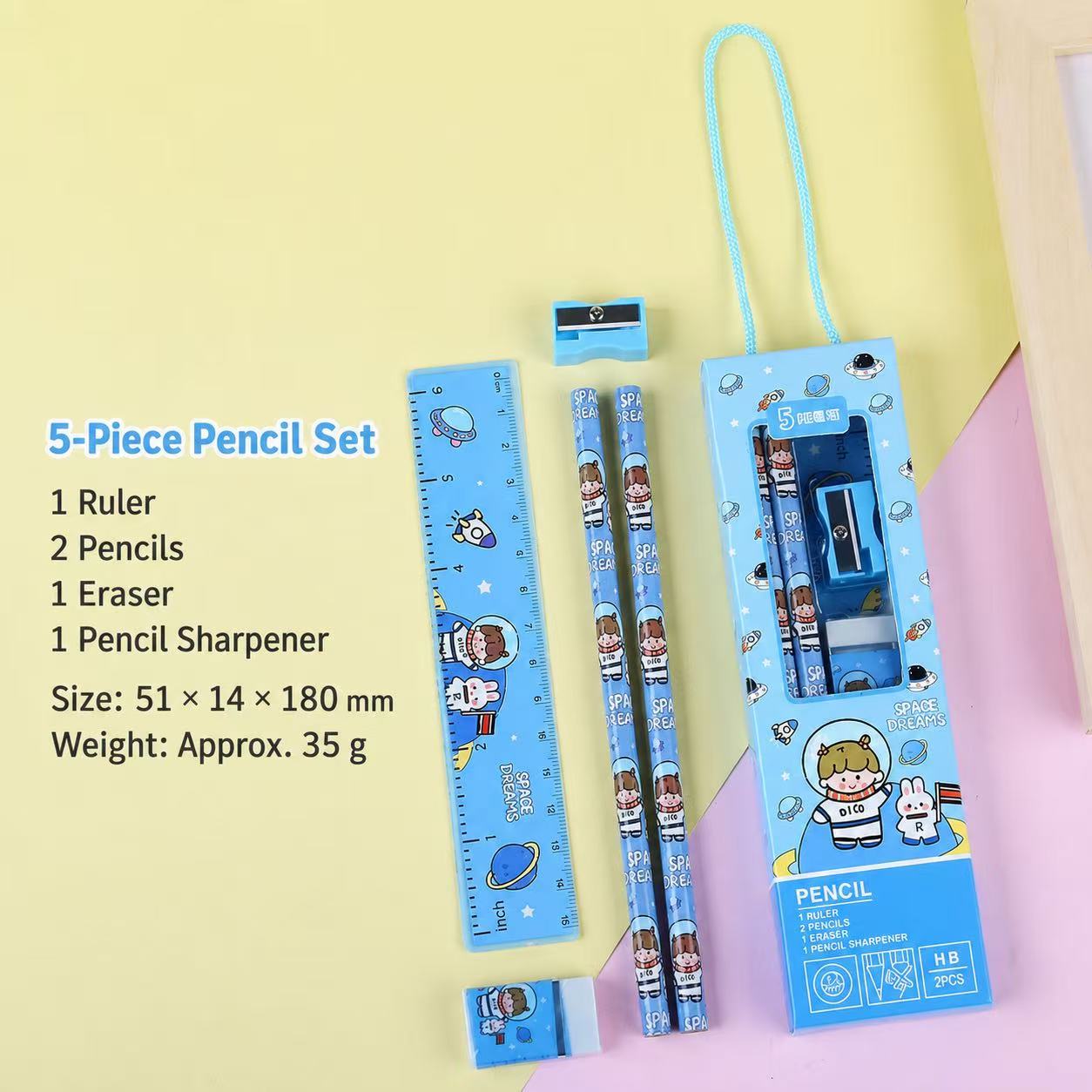Cute 5-Piece Kids’ Pencil Set with Ruler, Eraser & Sharpener