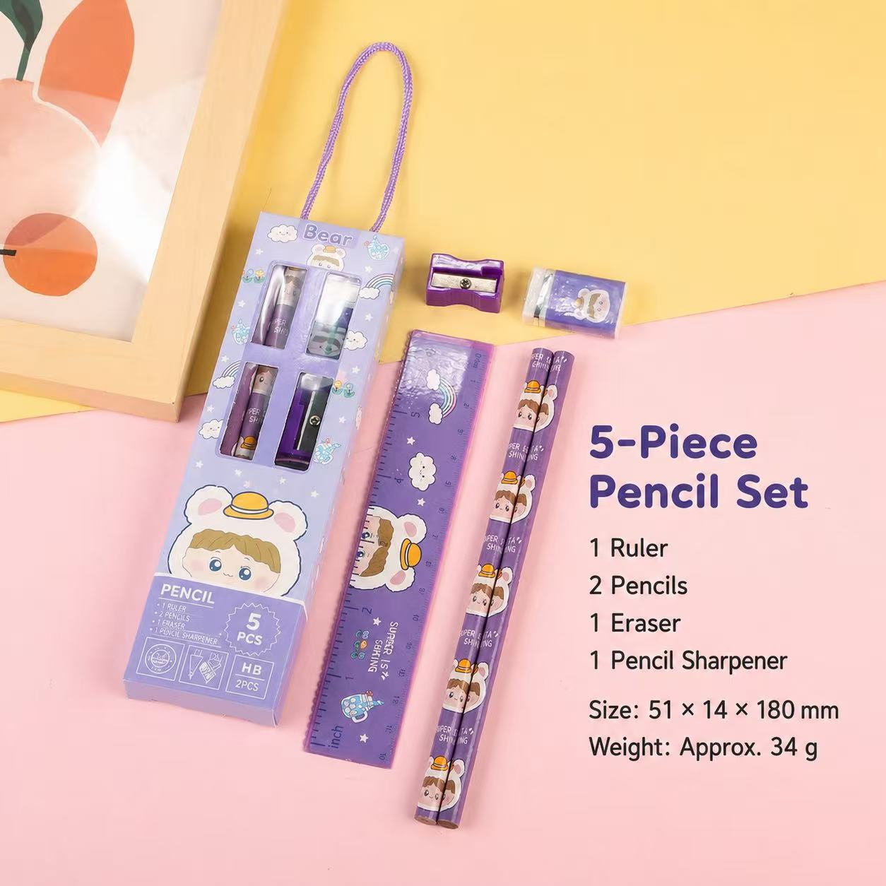 Cute 5-Piece Kids’ Pencil Set with Ruler, Eraser & Sharpener
