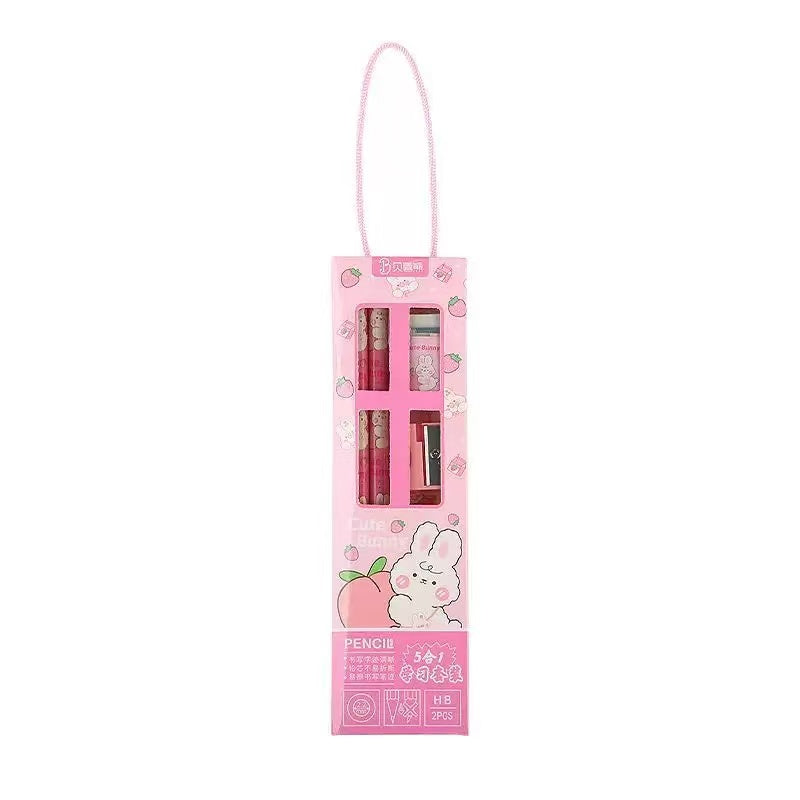 Cute 5-Piece Kids’ Pencil Set with Ruler, Eraser & Sharpener