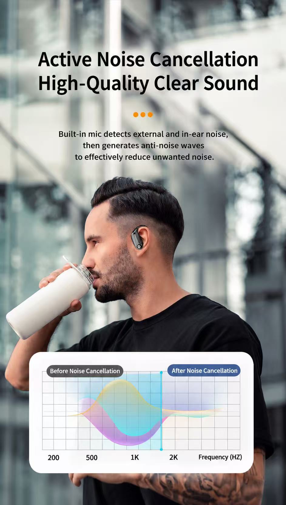 Wireless Ear Hook Running Earbuds, Bluetooth Sports Noise Cancelling Headphones with Dual LED Display, Deep Bass, Built-in Microphone, Long Battery Life