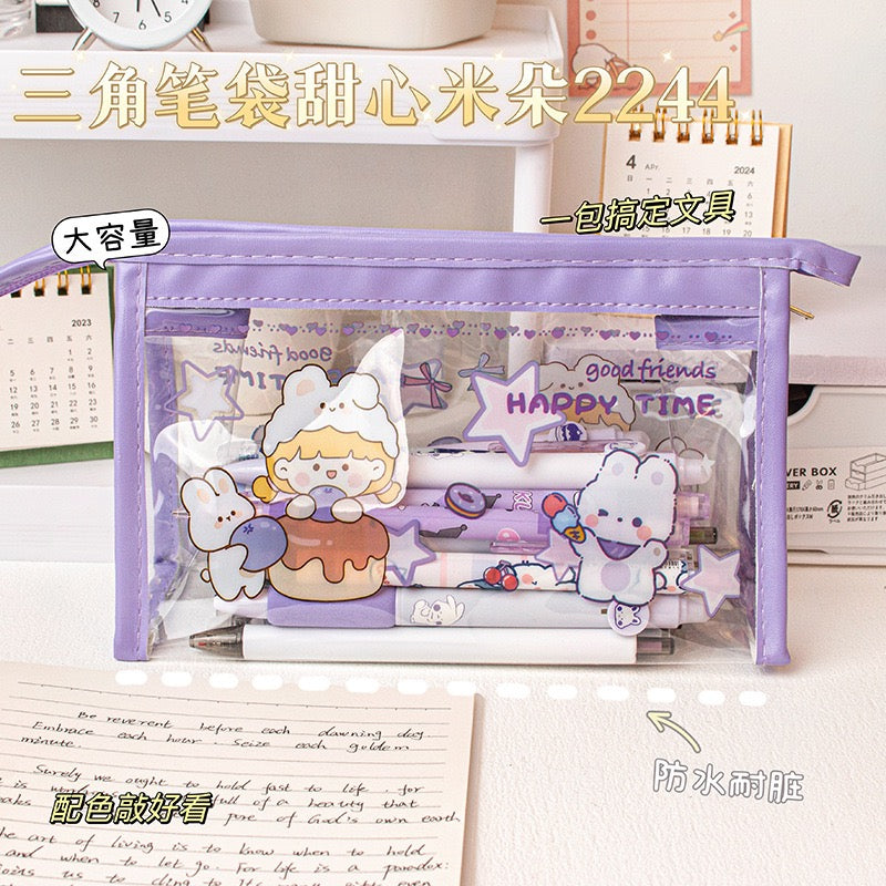 Cute Cartoon Large Capacity Clear Pencil Case, Transparent Triangle PVC Pencil Pouch, Aesthetic Stationery Organizer for School Students