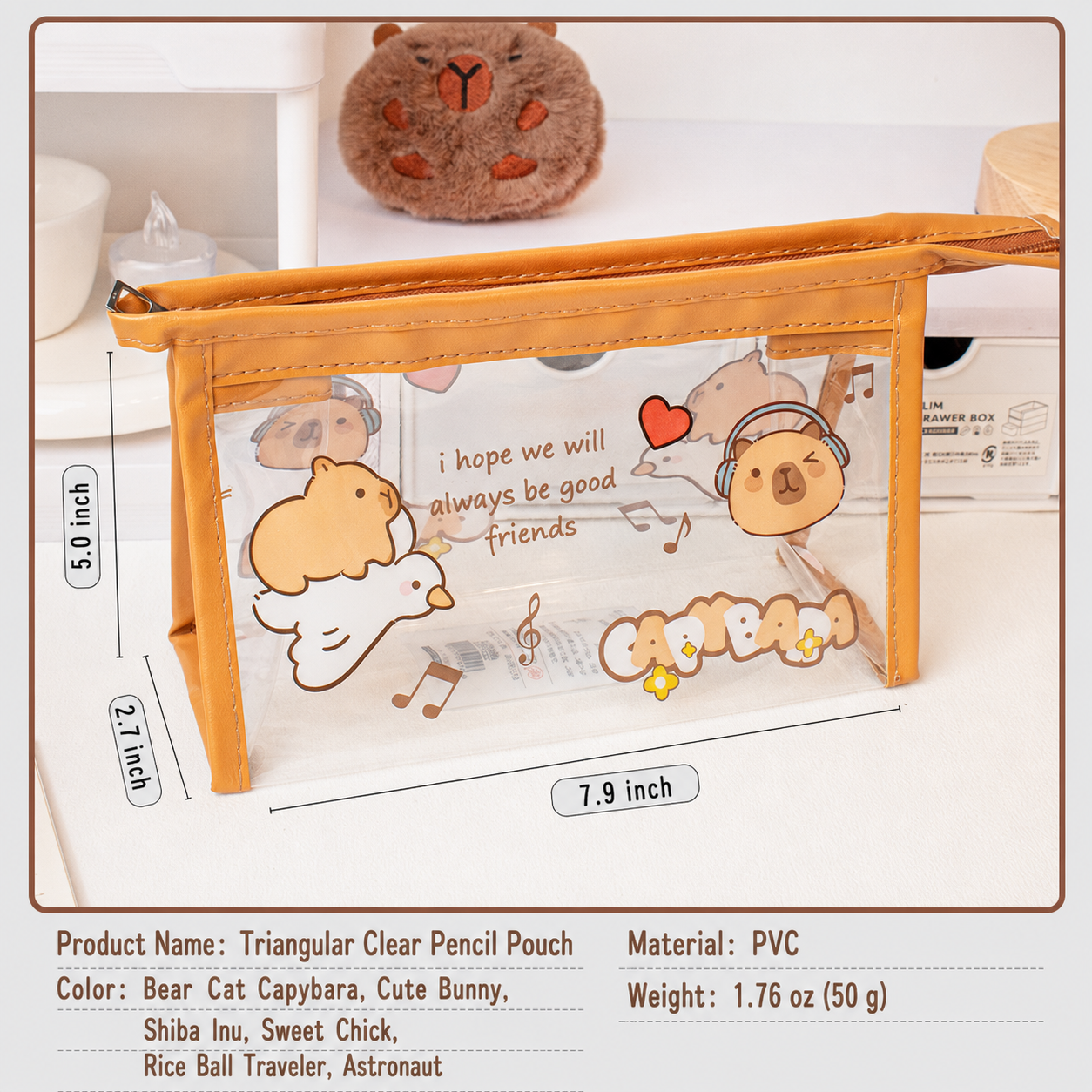 Cute Cartoon Large Capacity Clear Pencil Case, Transparent Triangle PVC Pencil Pouch, Aesthetic Stationery Organizer for School Students